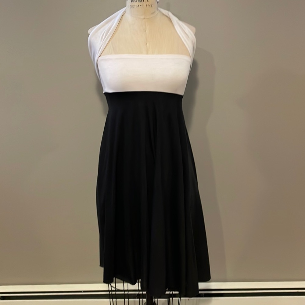 Kaniza strapless little black and white dress with sash